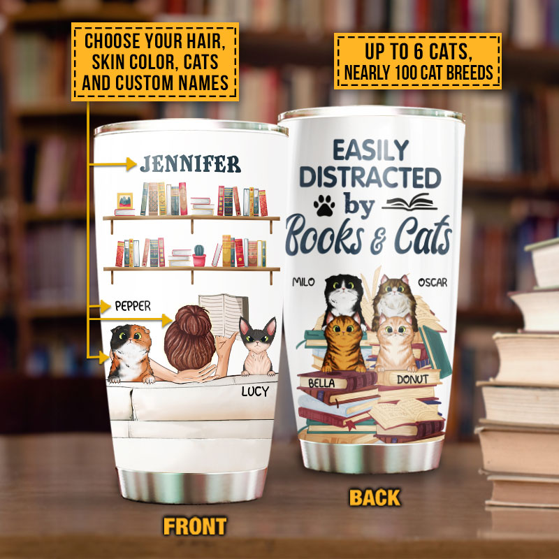 Reading Book, Kitten, Cat Lady Easily Distracted By Books And Cats Custom Tumbler