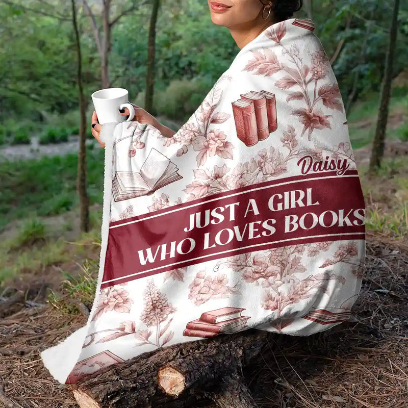 Reading Toile De Jouy Style Just A Girl Who Loves Books - Personalized Fleece Blanket, Sherpa Blanket