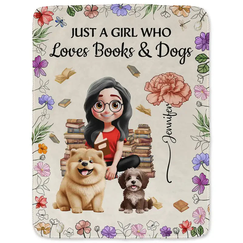 Reading Girl Who Loves Books & Pets Birth Month Flower - Personalized Fleece Blanket