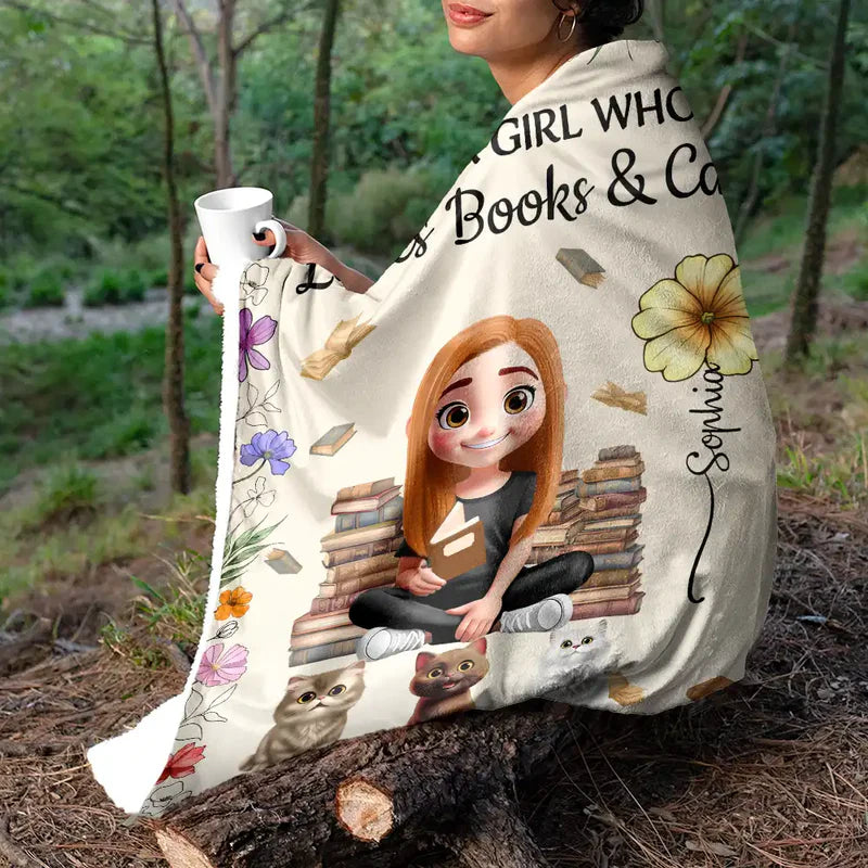 Reading Girl Who Loves Books & Pets Birth Month Flower - Personalized Fleece Blanket