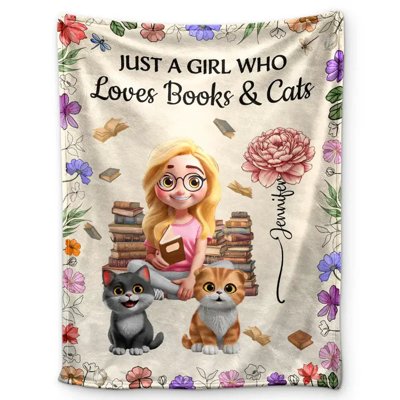 Reading Girl Who Loves Books & Pets Birth Month Flower - Personalized Fleece Blanket