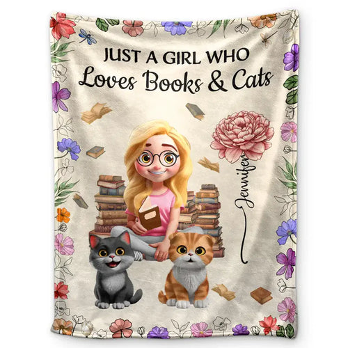 Reading Girl Who Loves Books & Pets Birth Month Flower - Personalized Fleece Blanket