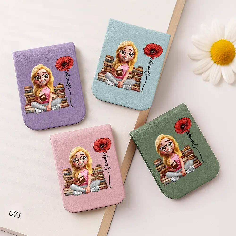 Reading Girl With Birth Month Flower - Personalized Leather Magnetic Bookmark