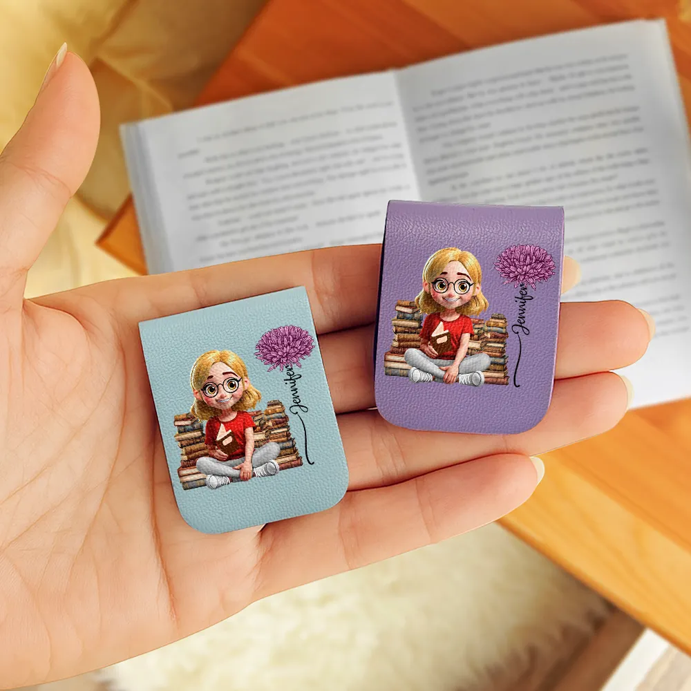 Reading Girl With Birth Month Flower - Personalized Leather Magnetic Bookmark