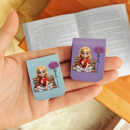 Reading Girl With Birth Month Flower - Personalized Leather Magnetic Bookmark