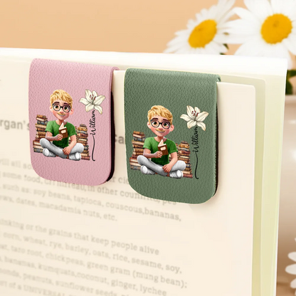 Reading Girl With Birth Month Flower - Personalized Leather Magnetic Bookmark