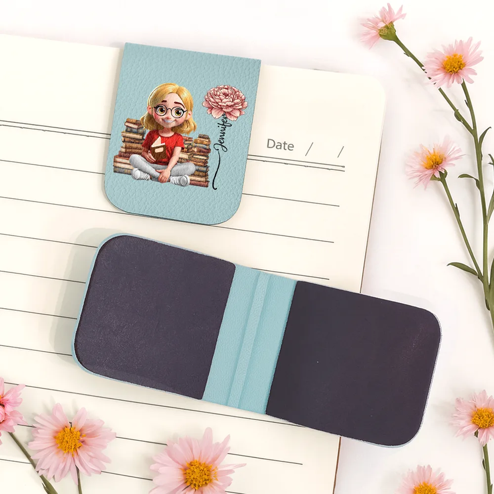 Reading Girl With Birth Month Flower - Personalized Leather Magnetic Bookmark