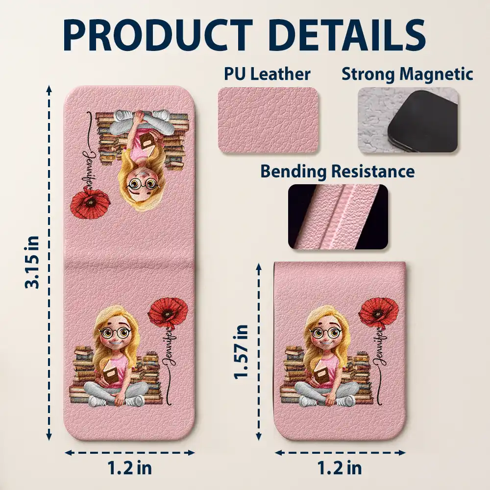 Reading Girl With Birth Month Flower - Personalized Leather Magnetic Bookmark