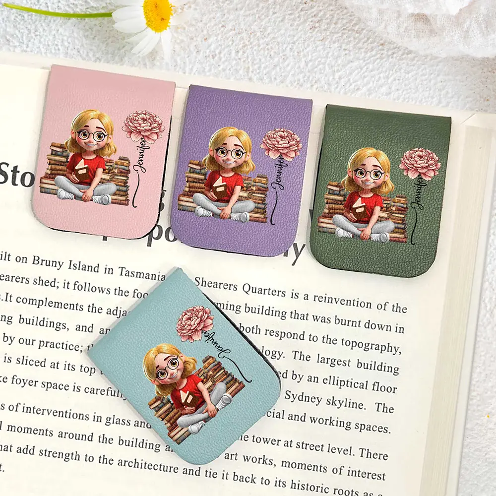 Reading Girl With Birth Month Flower - Personalized Leather Magnetic Bookmark