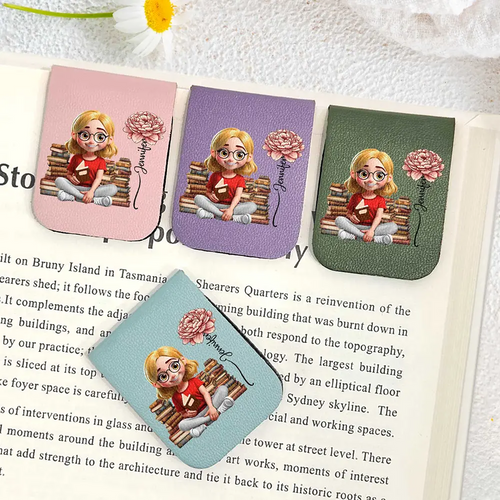 Reading Girl With Birth Month Flower - Personalized Leather Magnetic Bookmark