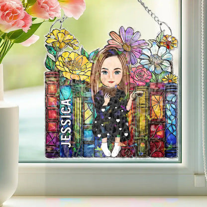 Reading Girl With Books - Personalized Window Corner Suncatcher