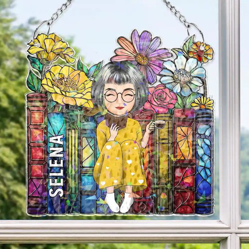 Reading Girl With Books - Personalized Window Corner Suncatcher