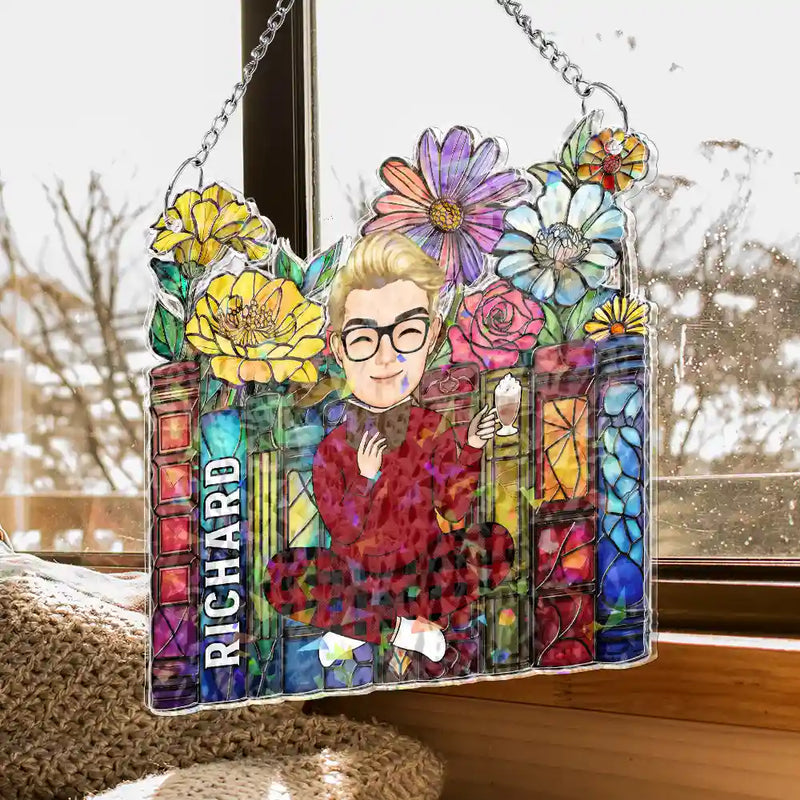 Reading Girl With Books - Personalized Window Corner Suncatcher