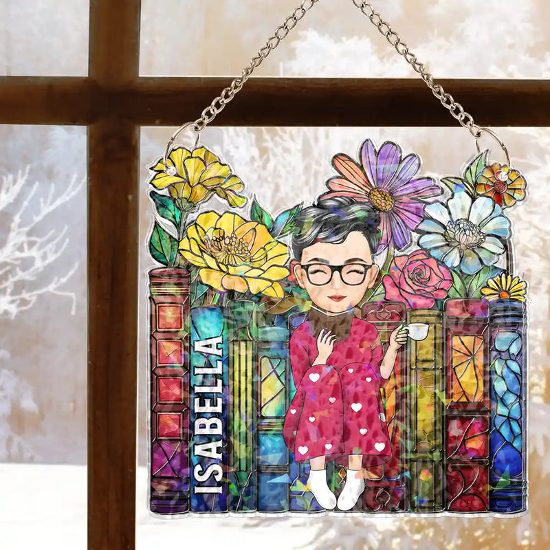 Reading Girl With Books - Personalized Window Corner Suncatcher
