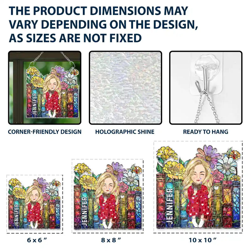 Reading Girl With Books - Personalized Window Corner Suncatcher