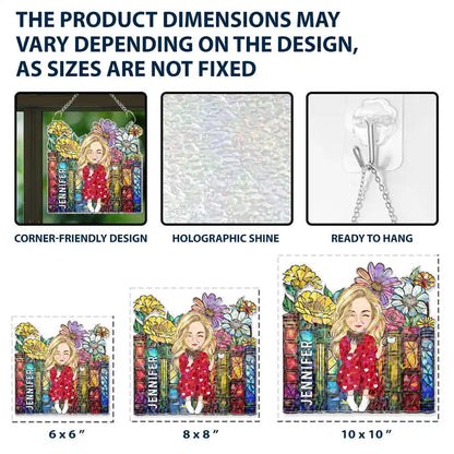 Reading Girl With Books - Personalized Window Corner Suncatcher