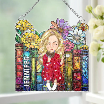 Reading Girl With Books - Personalized Window Corner Suncatcher