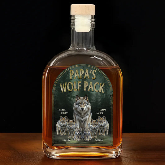 Realistic Art Papa Dad Wolf Pack - Personalized Whiskey Bottle