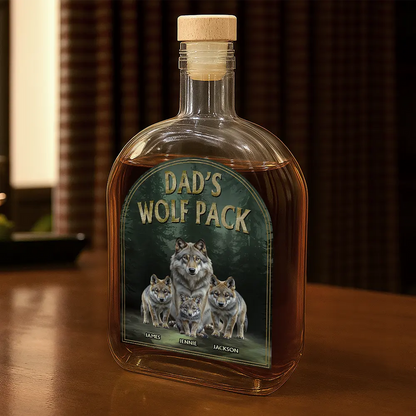 Realistic Art Papa Dad Wolf Pack - Personalized Whiskey Bottle
