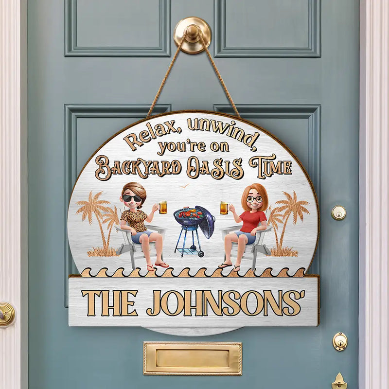 Relax Unwind Patio Time 3D Couple - Personalized Custom Shaped Wood Sign