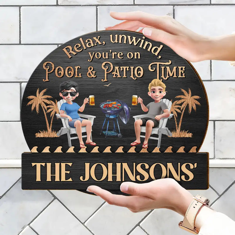 Relax Unwind Patio Time 3D Couple - Personalized Custom Shaped Wood Sign