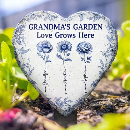 Grandma's Garden Love Grows Here Toile Flower - Personalized Heart Slate Garden Stake