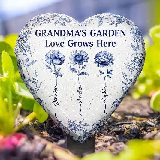 Grandma's Garden Love Grows Here Toile Flower - Personalized Heart Slate Garden Stake