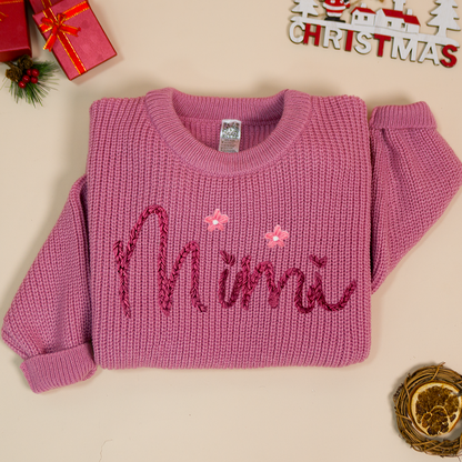 Custom Hand-Embroidered Knitted Sweater - Personalized Name Sweater for Grandma, Mimi, or Nana - Soft and Cozy Gift for Grandparents