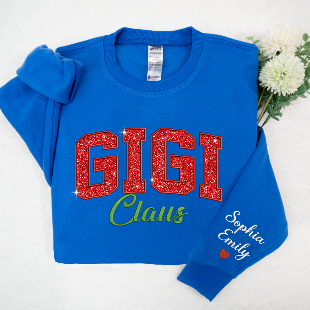 Mimi Claus Glitter Embroidered And Grandkids Sweatshirt