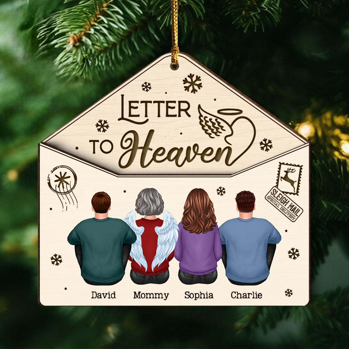 Letter To Heaven Family Sitting Memorial Personalized 3-Layer Wooden Ornament