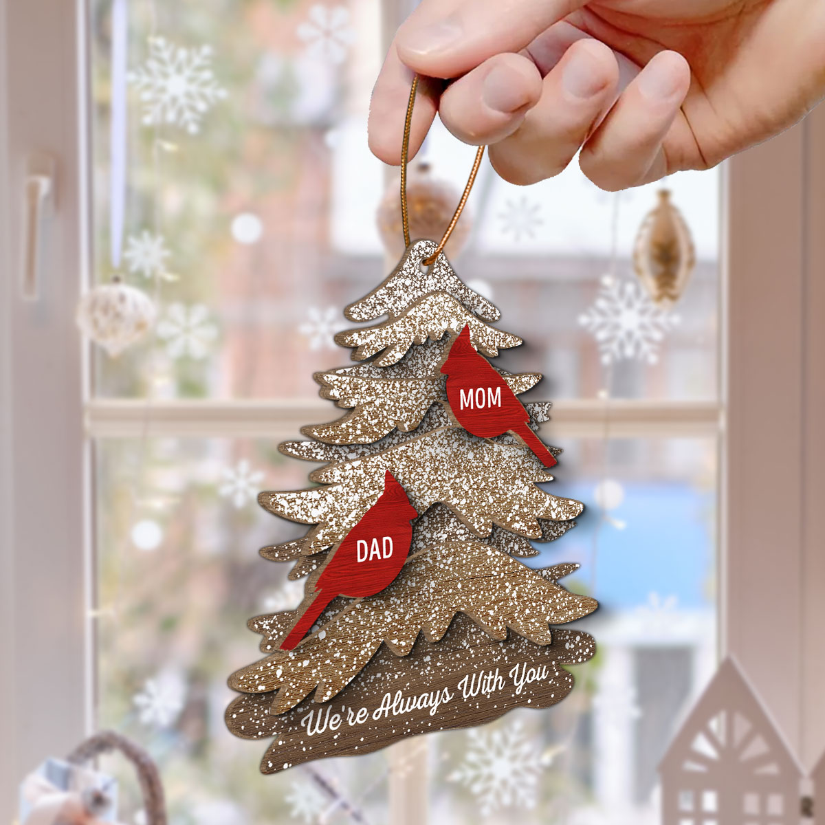 Rustic Christmas Tree Cardinals Always With You Memorial Christmas Personalized 2-Layer Wooden Ornament, Remembrance Gift, Sympathy Gift