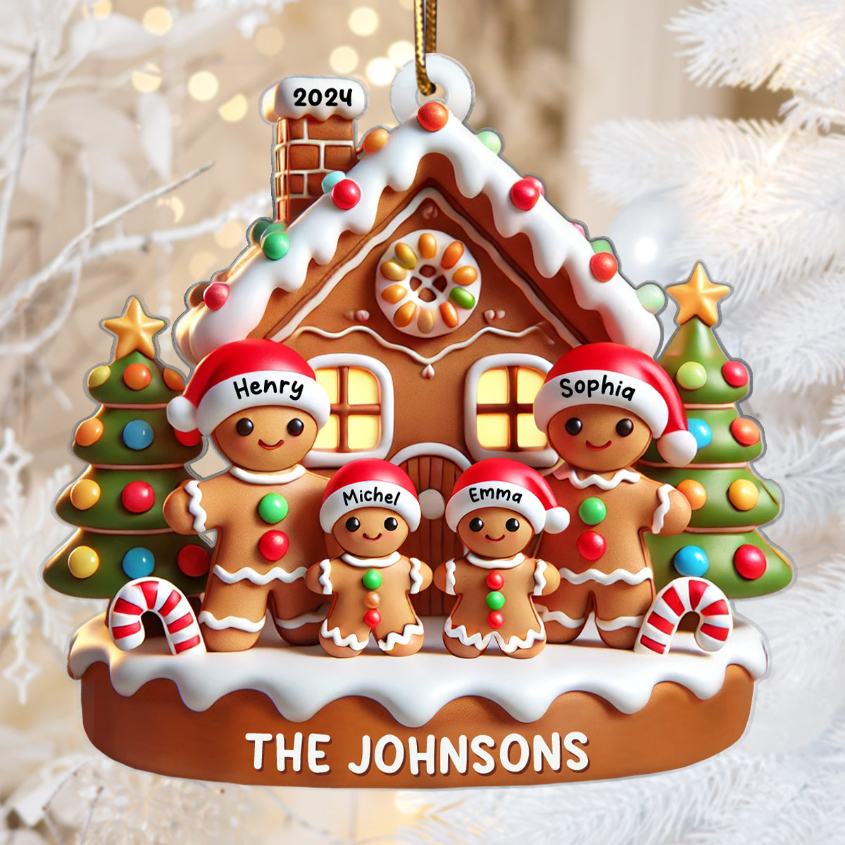 Gingerbread Family With Gingerbread House 3D Effect Personalized Acrylic Ornament