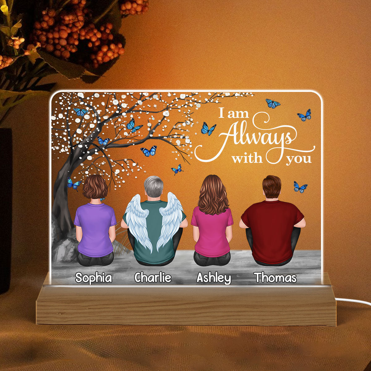 Butterflies Blossom Tree Always With You Family Memorial Remembrance Gift Personalized Custom Shape Acrylic Plaque LED Night Light