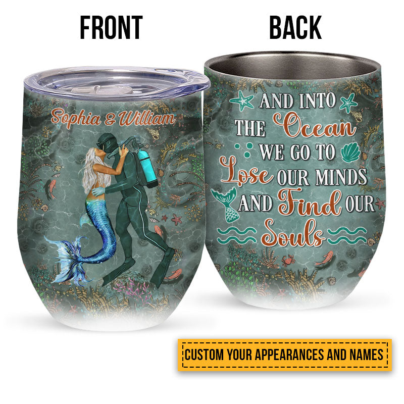 Scuba Diving And Mermaid Couple And Into The Ocean Custom Wine Tumbler, Couple Gift, Wine Tumbler For Couple