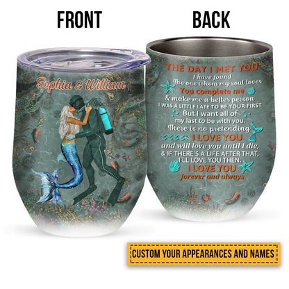 Scuba Diving And Mermaid Couple The Day I Met You Custom Wine Tumbler, Couple Gift, Wine Tumbler For Couple