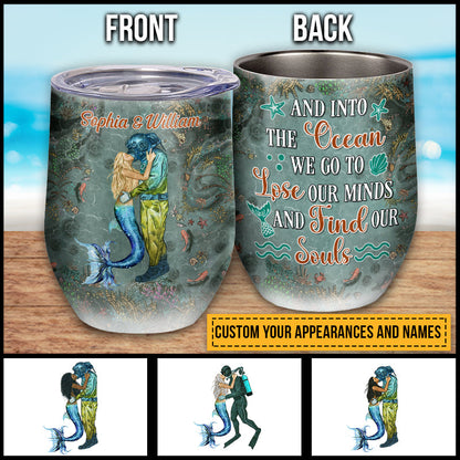 Scuba Diving And Mermaid Couple And Into The Ocean Custom Wine Tumbler, Couple Gift, Wine Tumbler For Couple