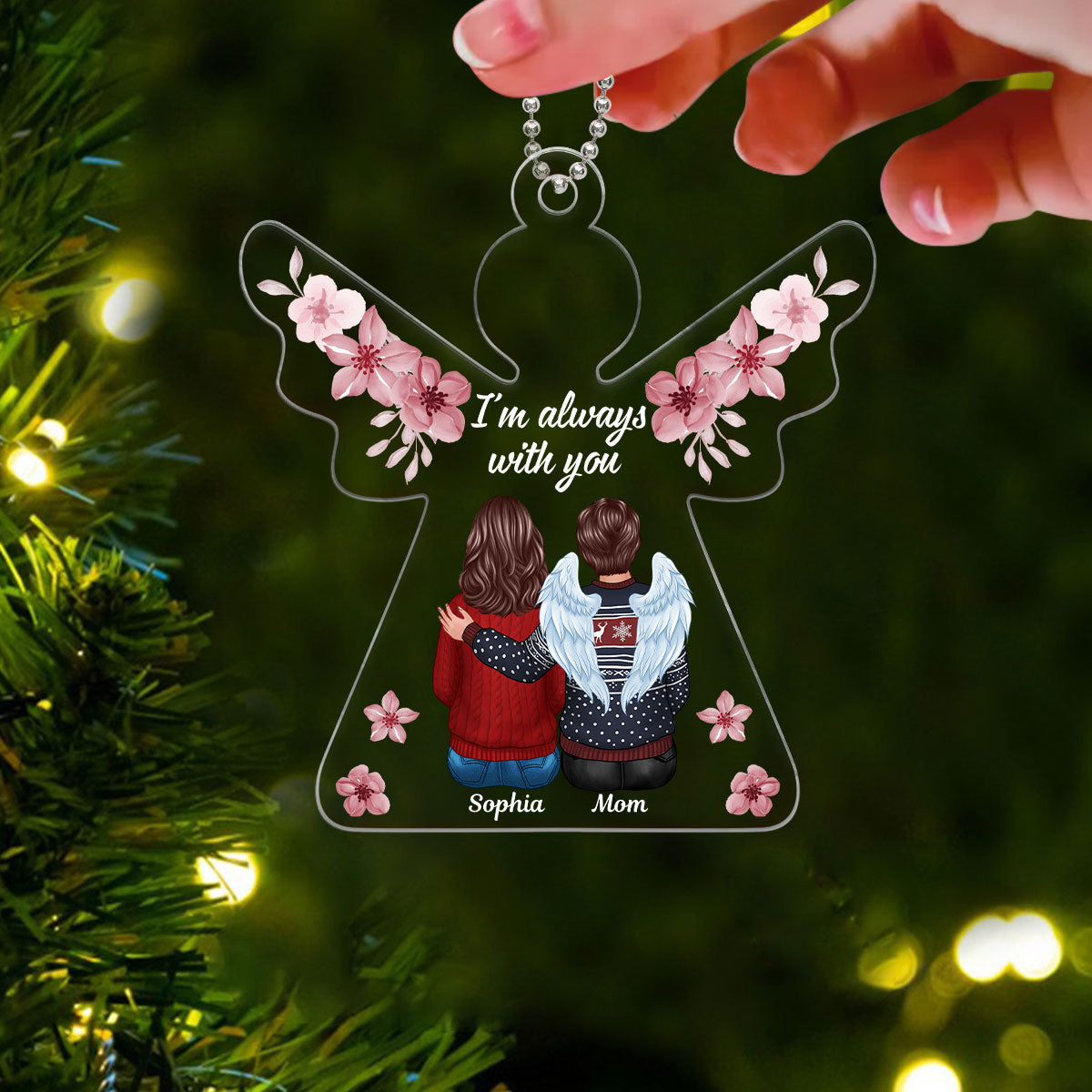 Always With You Pink Flowers Angel Shaped Memorial Keepsake Personalized Acrylic Ornament