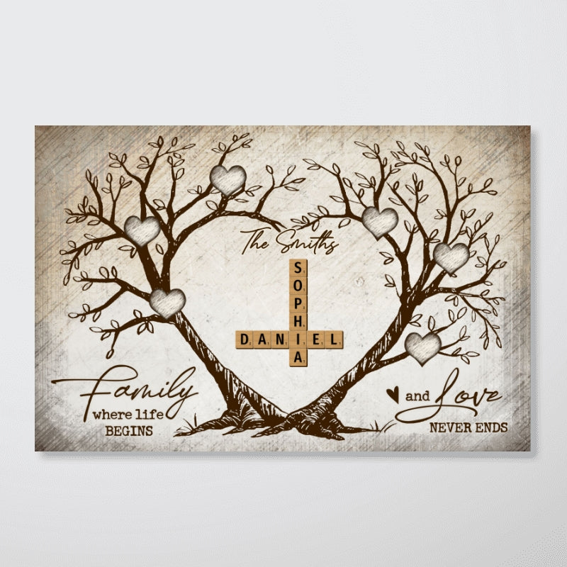 Family Heart Tree Crossword Puzzle, Perfect Gift For Family, For Husband, Wife, Dad, Mom Personalized Poster