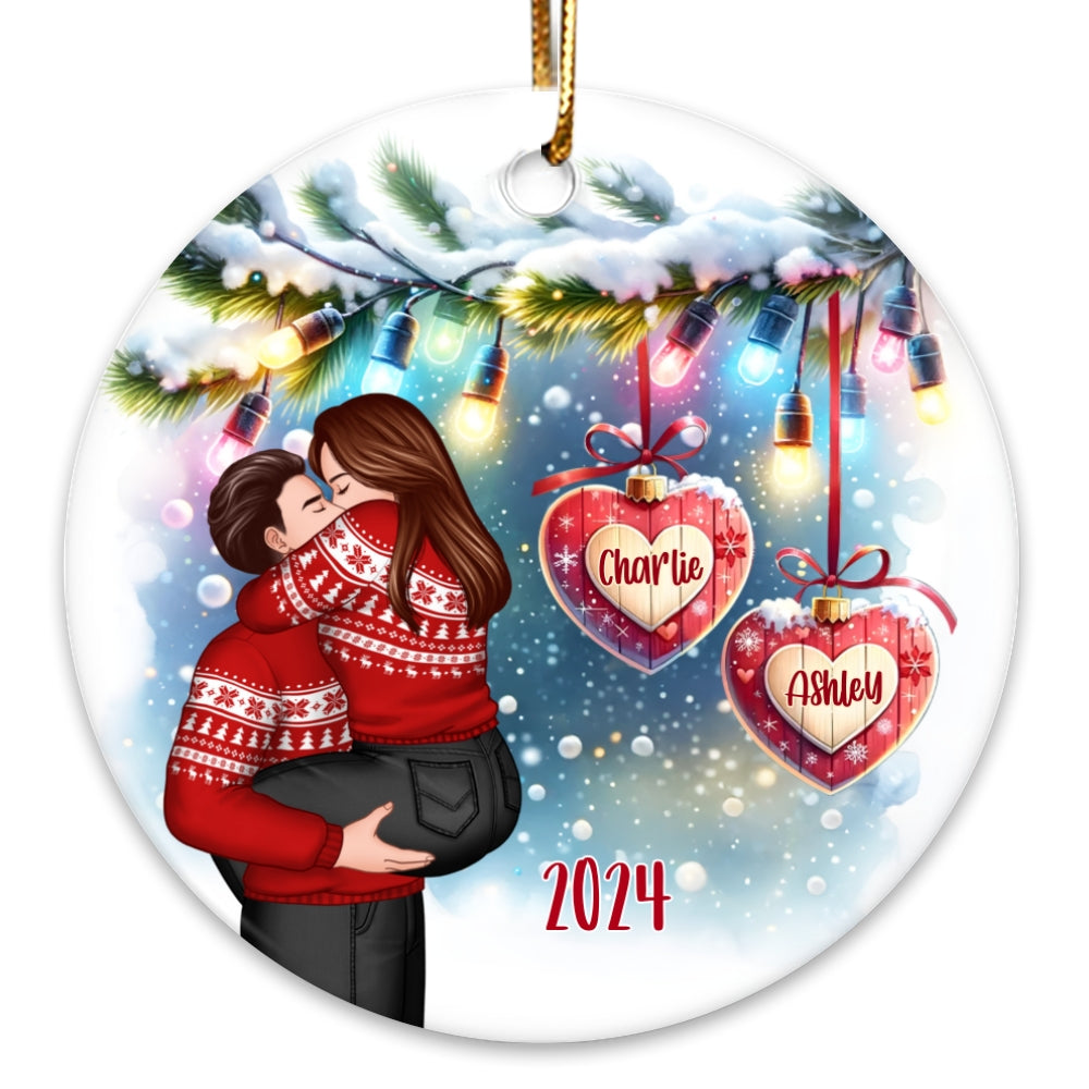 Christmas Hearts Couple Kissing Personalized Circle Ceramic Ornament