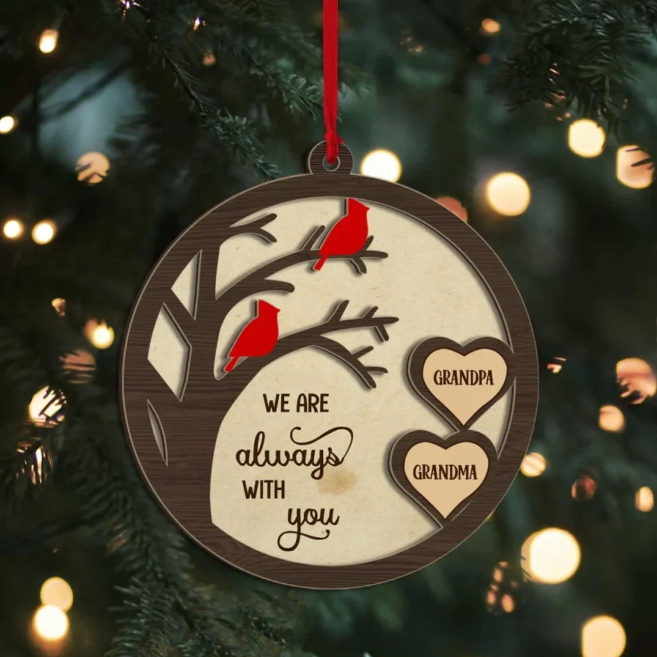 Personalized We Are Always With You Cardinal Ornament, Custom Memorial Wooden Ornament, Remembrance Gifts for Loss of Loved Ones