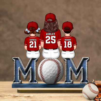 Baseball, Softball Mom And Kids Sitting On Text Personalized Standing Wooden Plaque, Gift for Wife, Gift for Mom