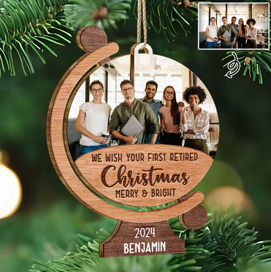 Custom Photo We Wish Your First Retired Christmas Merry & Bright - Personalized Custom Shaped Wooden Ornament