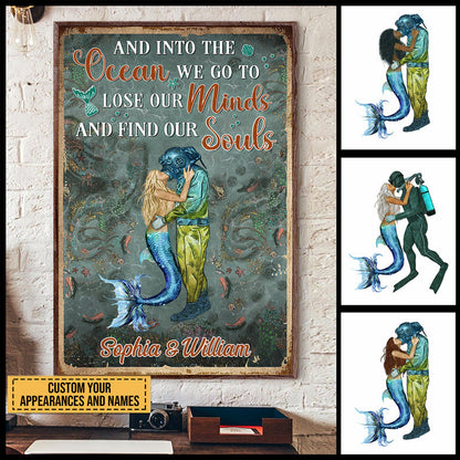Scuba Diving And Mermaid Couple And Into The Ocean Custom Poster, Couple Gift, Wall Art For Couple