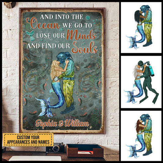 Scuba Diving And Mermaid Couple And Into The Ocean Custom Poster, Couple Gift, Wall Art For Couple