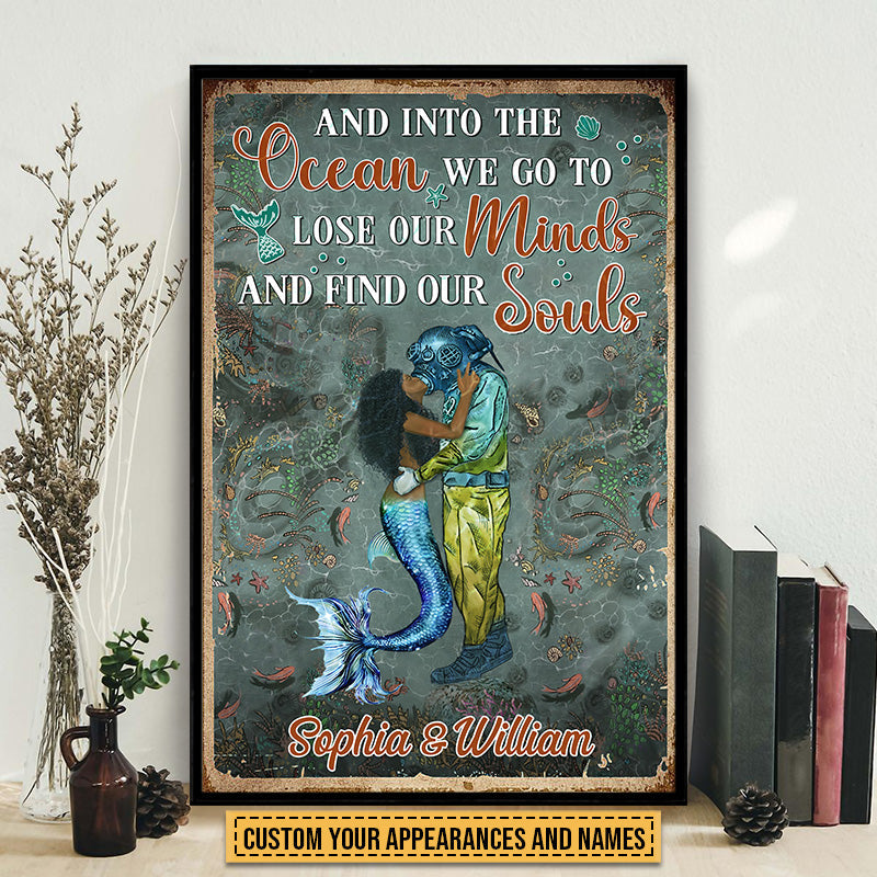 Scuba Diving And Mermaid Couple And Into The Ocean Custom Poster, Couple Gift, Wall Art For Couple