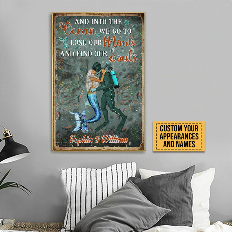 Scuba Diving And Mermaid Couple And Into The Ocean Custom Poster, Couple Gift, Wall Art For Couple