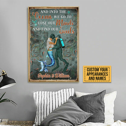 Scuba Diving And Mermaid Couple And Into The Ocean Custom Poster, Couple Gift, Wall Art For Couple