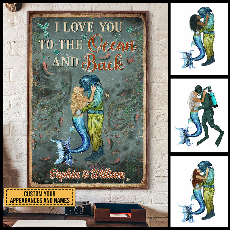 Scuba Diving And Mermaid Couple I Love You To The Ocean And Back Custom Poster, Couple Gift, Wall Art For Couple