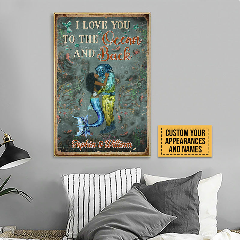 Scuba Diving And Mermaid Couple I Love You To The Ocean And Back Custom Poster, Couple Gift, Wall Art For Couple