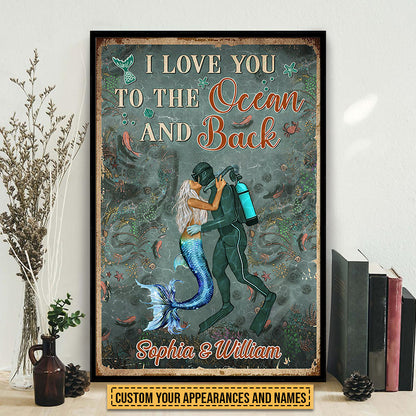 Scuba Diving And Mermaid Couple I Love You To The Ocean And Back Custom Poster, Couple Gift, Wall Art For Couple